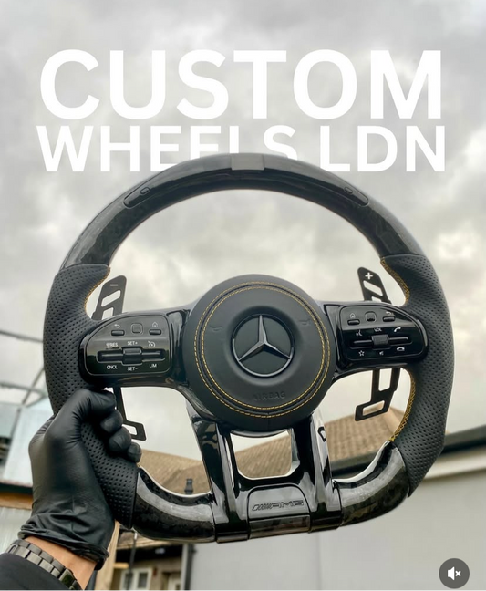 Mercedes A-Class Custom Steering Wheel – Forged Carbon | Yellow Stripe & Stitch | Magnetic Paddles | Fits A35 AMG + more