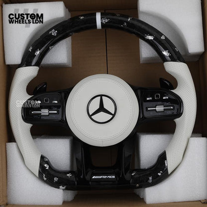 Mercedes Custom AMG Flat Bottom Steering Wheel – White Leather & White Flake Forged Carbon, White Stripe, Black Trim, Touch Control Buttons, AMG Badge | Fits C-Class, E-Class, CLS, GLC, GLE, G-Class + more | Plug & Play | Retrofit Upgrade for Older Models