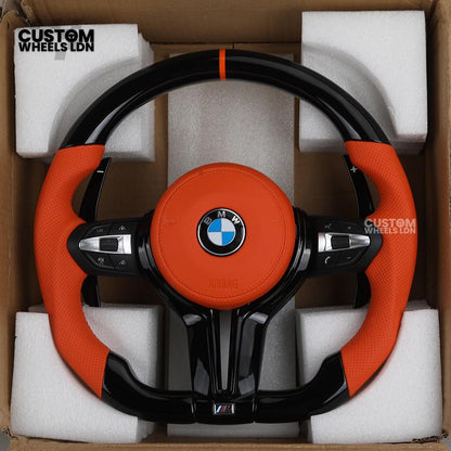 BMW Custom F-Series Piano Black & Orange Steering Wheel – Perforated Grip | Fits F20 F22 F30 F32 F36 M2 M3 M4 + more