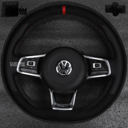 Volkswagen Custom Steering Wheel – Alcantara Top & Bottom, Perforated Leather Grips, Red Stripe, Flat Bottom, OEM Buttons | Fits Golf MK7/7.5, GTI, R, Polo + more | Plug & Play Upgrade