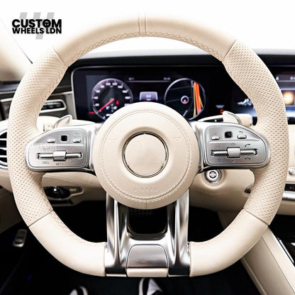 Mercedes Custom AMG Flat Bottom Steering Wheel – Cream Leather, Cream Stripe, Silver Trim, Touch Control Buttons, Silver Paddles | Fits C-Class, E-Class, CLS, GLC, GLE, G-Class + more | Plug & Play | Retrofit Upgrade for Older Models