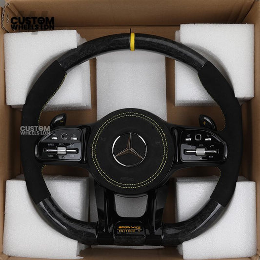 Mercedes Custom AMG Steering Wheel Alcantara & Forged Carbon | Yellow Stitching & Stripe | AMG Edition 1 | Paddle Shifters | Complete Retrofit | Fits GLC, GLE, CLS, E-Class, C-Class, W205, W213 + more