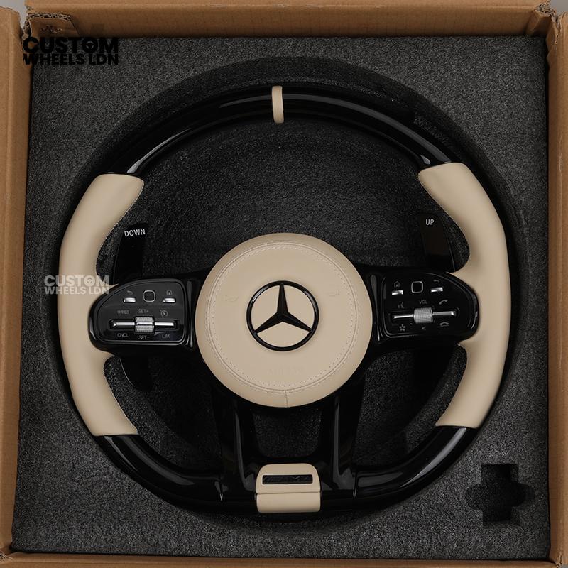 Mercedes Custom Steering Wheel | AMG Style Piano Black with Beige Leather & Stripe | Silver Paddles | Complete Retrofit for Older Models | Fits W205 W204 W212 W213 W218 W207 + more