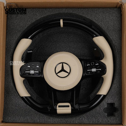 Mercedes Custom Steering Wheel | AMG Style Piano Black with Beige Leather & Stripe | Silver Paddles | Complete Retrofit for Older Models | Fits W205 W204 W212 W213 W218 W207 + more