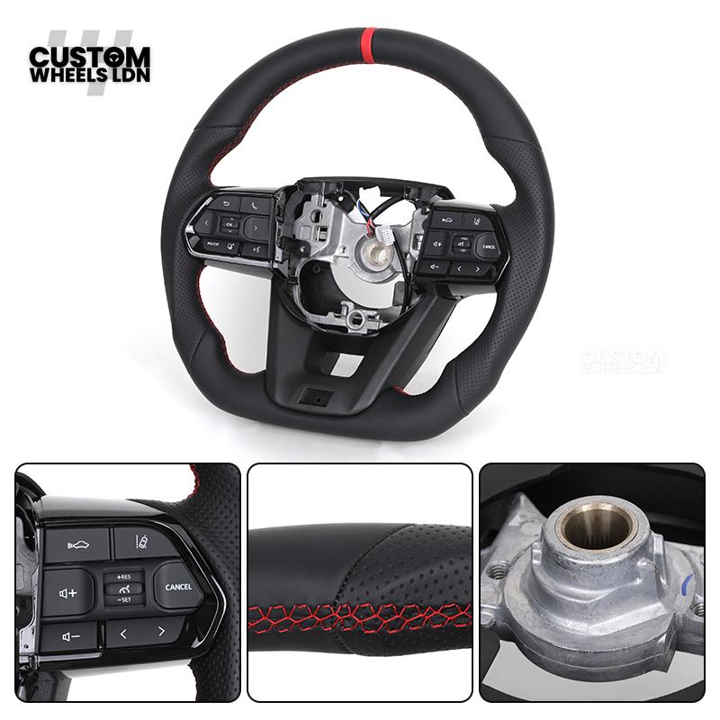 Toyota Custom GR Steering Wheel – Flat Bottom, Perforated Leather, Red Stitching, GR Badge | Fits Hilux GR Sport, Revo, Auris + More | Plug & Play | Complete Custom Spec Available | Upgrade for Older Models