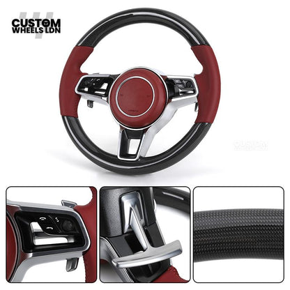Porsche Custom Steering Wheel – Red Leather & Carbon Fibre with Chrome Trim | Fits 997, 991, Panamera, Cayenne, Cayman (2000+ Plug & Play)