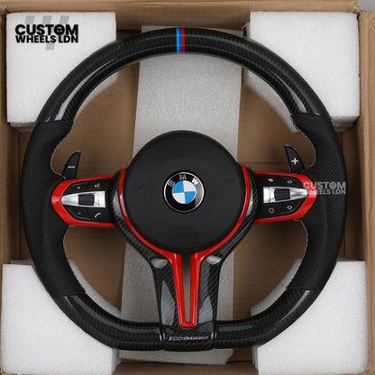 BMW Custom Carbon Fibre Steering Wheel – Red Trim | Perforated Leather | M Stripe | Plug & Play | Fits 1 Series F20, 2 Series F22, 3 Series F30, 4 Series F32, M2, M3, M4, X1 F48, X2 F39, Z4 G29 + more
