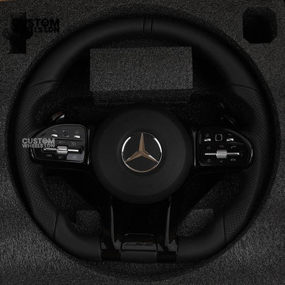 Mercedes Custom AMG Flat Bottom Steering Wheel – Black Leather, Smooth Top & Bottom, Piano Black Trim, Touch Control Buttons, AMG Badge | Fits C-Class, E-Class, CLS, GLC, GLE, G-Class + more | Plug & Play | Retrofit Upgrade for Older Models
