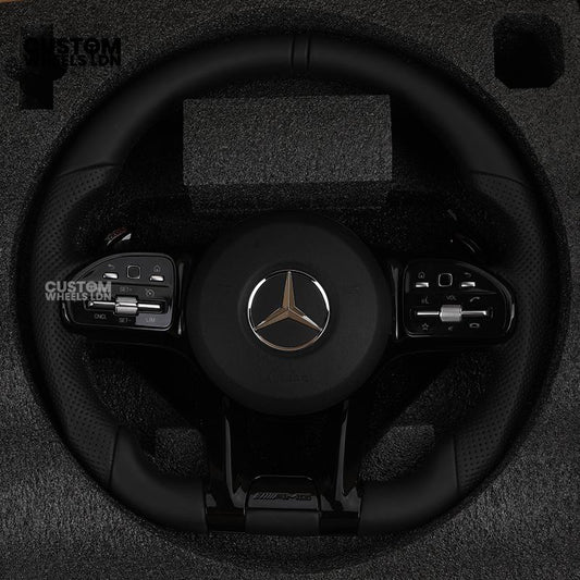 Mercedes Custom AMG Flat Bottom Steering Wheel – Black Leather, Smooth Top & Bottom, Piano Black Trim, Touch Control Buttons, AMG Badge | Fits C-Class, E-Class, CLS, GLC, GLE, G-Class + more | Plug & Play | Retrofit Upgrade for Older Models