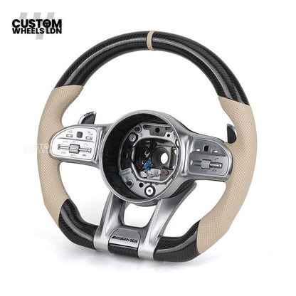 Mercedes Custom Steering Wheel | AMG Style Carbon Fibre with Beige Leather & Stripe | Silver Paddles | Complete Retrofit for Older Models | Fits W205 W204 W212 W213 W218 W207 + more