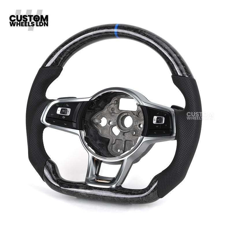 Volkswagen MK7 Custom Steering Wheel – Forged Carbon with Blue Centre Stripe & Perforated Leather Grips | Fits Golf GTI, R, Scirocco + more | Plug & Play Upgrade
