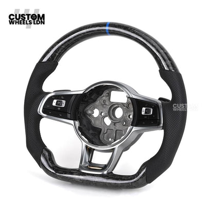 Volkswagen MK7 Custom Steering Wheel – Forged Carbon with Blue Centre Stripe & Perforated Leather Grips | Fits Golf GTI, R, Scirocco + more | Plug & Play Upgrade