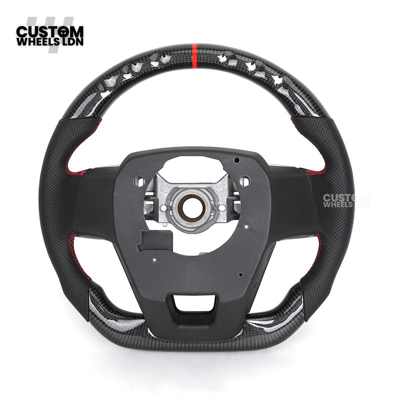 Toyota Custom GR Steering Wheel – Carbon Fiber, Flat Bottom, Red Center Stripe, Perforated Grips | Fits Yaris GR, Corolla GR + More | Plug & Play | Sporty Upgrade with Paddle Cutouts | Track-Inspired Retrofit