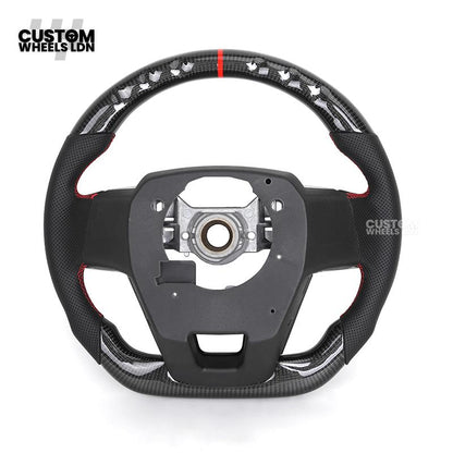 Toyota Custom GR Steering Wheel – Carbon Fiber, Flat Bottom, Red Center Stripe, Perforated Grips | Fits Yaris GR, Corolla GR + More | Plug & Play | Sporty Upgrade with Paddle Cutouts | Track-Inspired Retrofit