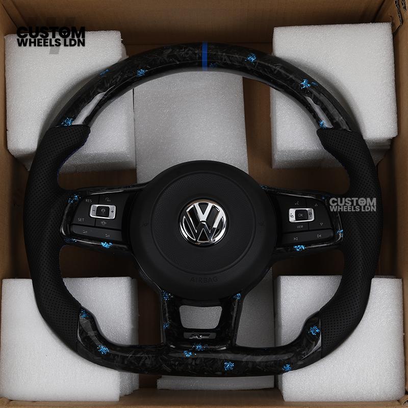 Volkswagen MK7 Custom Steering Wheel – Blue Forged Carbon with Blue Stitching & Stripe, Perforated Leather Grips | Fits Golf GTI, R, Scirocco + more | Plug & Play