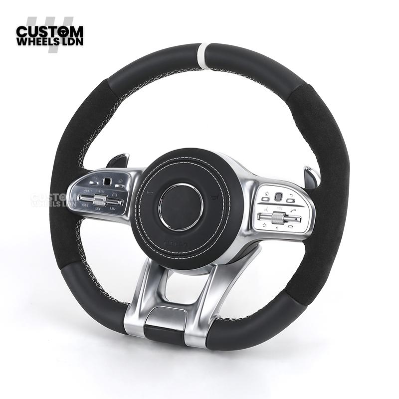 Mercedes Custom AMG Flat Bottom Steering Wheel – Black Leather & Alcantara, White Stripe, Silver Trim, Touch Control Buttons, Silver Paddles | Fits C-Class, E-Class, CLS, GLC, GLE, G-Class + more | Plug & Play | Retrofit Upgrade for Older Models