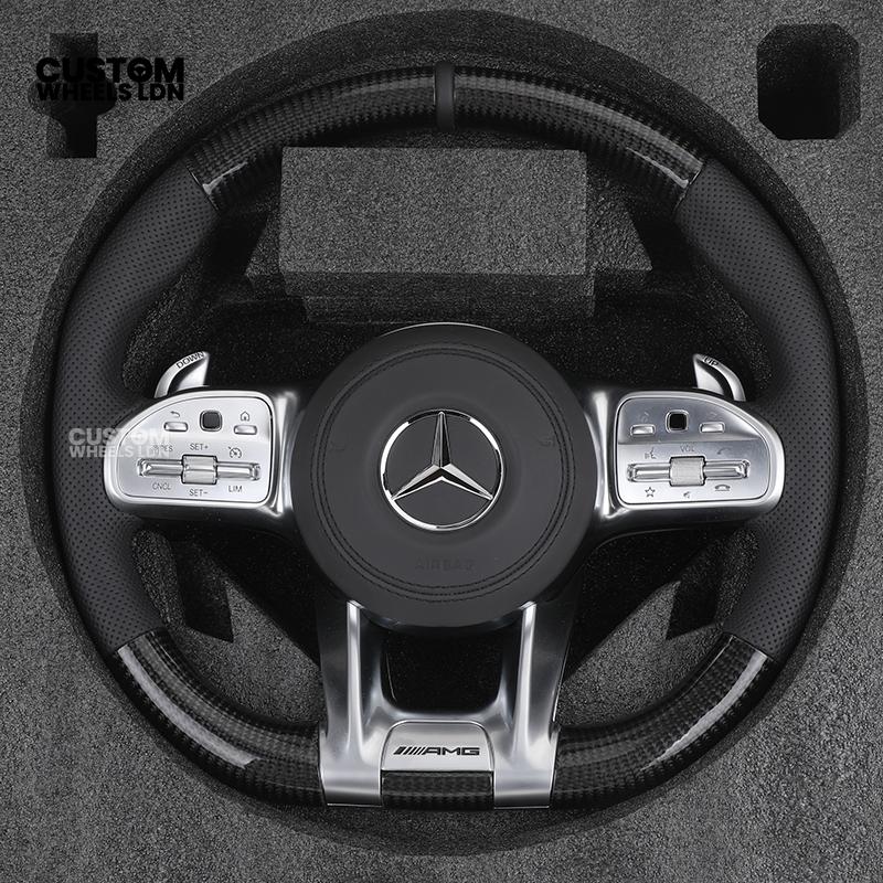Mercedes Custom Steering Wheel | AMG Style Carbon & Leather | Full Black with Silver Trim | Complete Retrofit for Older Models | Fits W204 W212 W218 + more