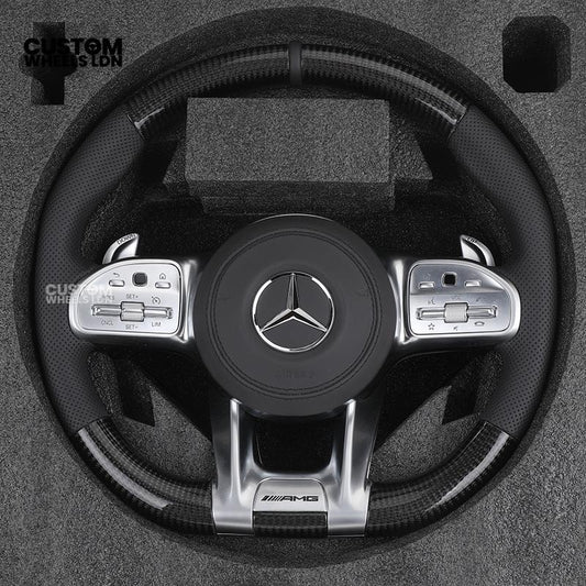 Mercedes Custom Steering Wheel | AMG Style Carbon & Leather | Full Black with Silver Trim | Complete Retrofit for Older Models | Fits W204 W212 W218 + more