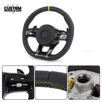 Mercedes Custom AMG Flat Bottom Steering Wheel – Black Leather, Yellow Stitching & Stripe, Piano Black Trim, Touch Control Buttons, AMG Badge | Fits C-Class, E-Class, CLS, GLC, GLE, G-Class + more | Plug & Play | Retrofit Upgrade for Older Models