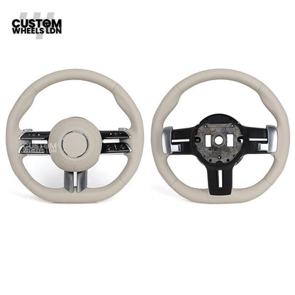 Mercedes Custom W223 Flat Bottom Steering Wheel – Beige Leather, Gloss Black Trim, Touch Control Buttons | Fits S-Class W223, GLE, GLS, E-Class W213 Facelift + more | Plug & Play | With Airbag | Retrofit Upgrade for Older Models Available
