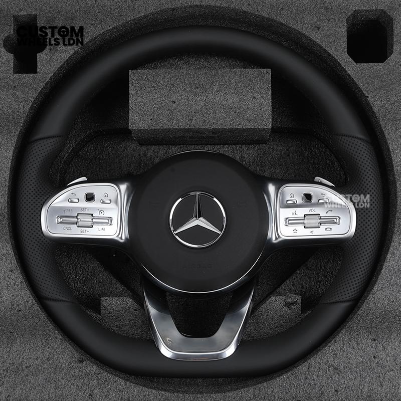 Mercedes Custom Steering Wheel – Satin Silver Spokes, Perforated Leather Grip, Flat Bottom Design | Complete Wheel with Airbag | Plug & Play | Retrofit for Older Models | Fits C-Class, E-Class, GLC, W205, W213, CLA + more