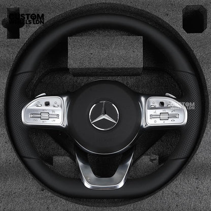 Mercedes Custom Steering Wheel – Satin Silver Spokes, Perforated Leather Grip, Flat Bottom Design | Complete Wheel with Airbag | Plug & Play | Retrofit for Older Models | Fits C-Class, E-Class, GLC, W205, W213, CLA + more
