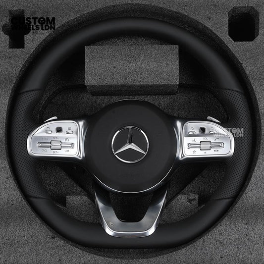 Mercedes Custom Steering Wheel – Satin Silver Spokes, Perforated Leather Grip, Flat Bottom Design | Complete Wheel with Airbag | Plug & Play | Retrofit for Older Models | Fits C-Class, E-Class, GLC, W205, W213, CLA + more