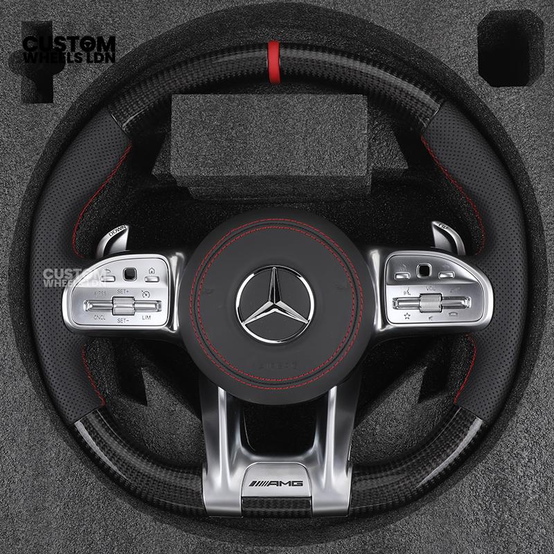 Mercedes Custom Steering Wheel | AMG Style Carbon & Leather | Red Stitching & Center Stripe | Complete Retrofit for Older Models | Fits W204 W212 W218 + more