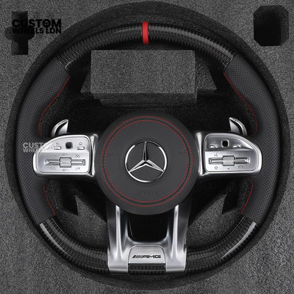 Mercedes Custom Steering Wheel | AMG Style Carbon & Leather | Red Stitching & Center Stripe | Complete Retrofit for Older Models | Fits W204 W212 W218 + more