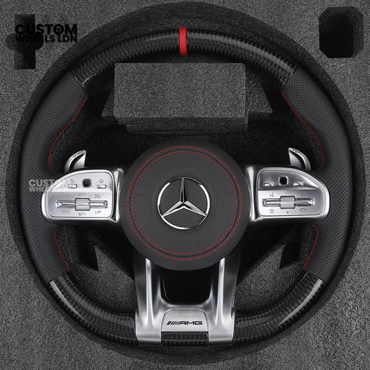 Mercedes Custom Steering Wheel | AMG Style Carbon & Leather | Red Stitching & Center Stripe | Complete Retrofit for Older Models | Fits W204 W212 W218 + more