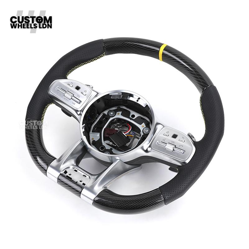 Mercedes Custom AMG Steering Wheel Carbon & Black Leather | Yellow Racing Stripe | AMG Style | Paddle Shifters | Complete Retrofit | Fits A-Class, C-Class, E-Class, GLC, CLA, W176, W205 + more