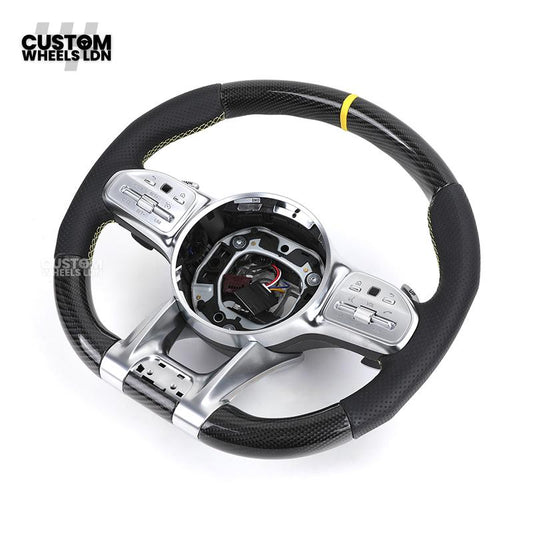 Mercedes Custom AMG Steering Wheel Carbon & Black Leather | Yellow Racing Stripe | AMG Style | Paddle Shifters | Complete Retrofit | Fits A-Class, C-Class, E-Class, GLC, CLA, W176, W205 + more