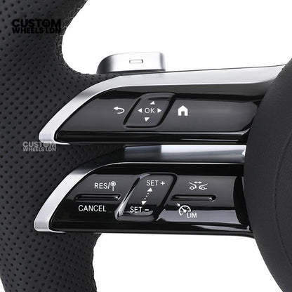 Mercedes Custom W223 AMG Flat Bottom Steering Wheel – Carbon Top & Bottom, Perforated Leather Grip, Gloss Black Trim, Touch Control Buttons | Fits C63, E63, S63, GLE, GLS, S-Class W223 + more | Plug & Play | With Airbag | Retrofit Upgrade for Older Models