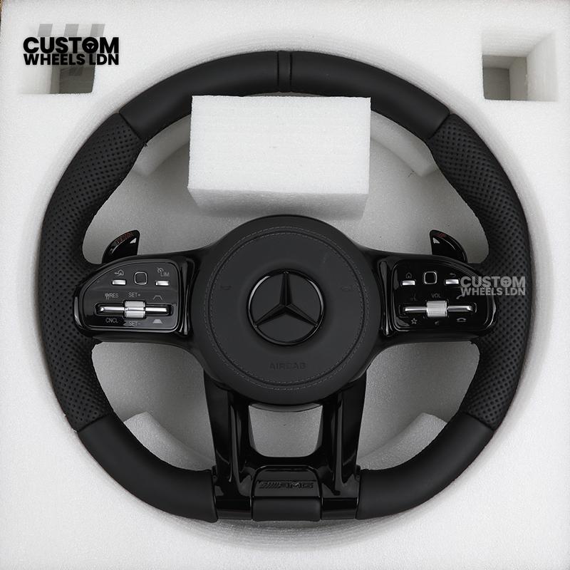 rcedes Custom AMG Flat Bottom Steering Wheel – Full Black Leather, Piano Black Trim, Touch Control Buttons, AMG Badge | Fits C-Class, E-Class, CLS, GLC, GLE, G-Class + more | Plug & Play | Retrofit Upgrade for Older Models