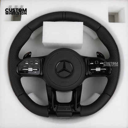rcedes Custom AMG Flat Bottom Steering Wheel – Full Black Leather, Piano Black Trim, Touch Control Buttons, AMG Badge | Fits C-Class, E-Class, CLS, GLC, GLE, G-Class + more | Plug & Play | Retrofit Upgrade for Older Models