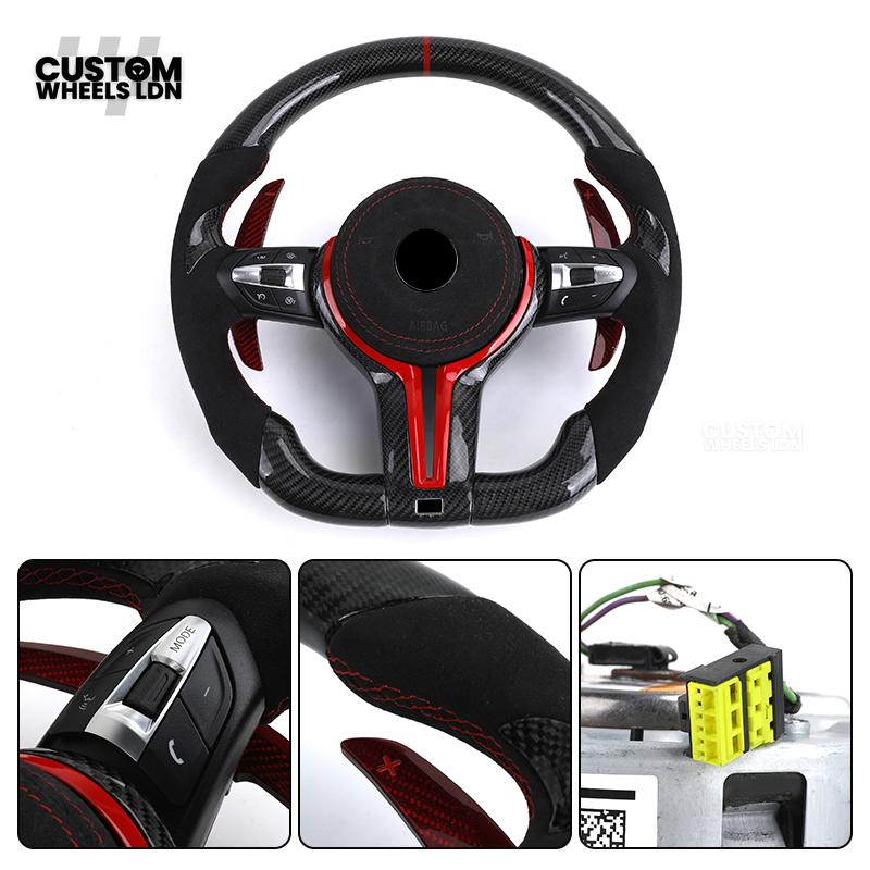 BMW Custom Carbon Fibre Steering Wheel – Red Trim & Paddles | Alcantara | M Performance Style | Plug & Play | Fits F20, F22, F30, F32, F36, M2, M3, M4, X1, X2 + more