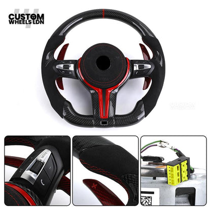 BMW Custom Carbon Fibre Steering Wheel – Red Trim & Paddles | Alcantara | M Performance Style | Plug & Play | Fits F20, F22, F30, F32, F36, M2, M3, M4, X1, X2 + more