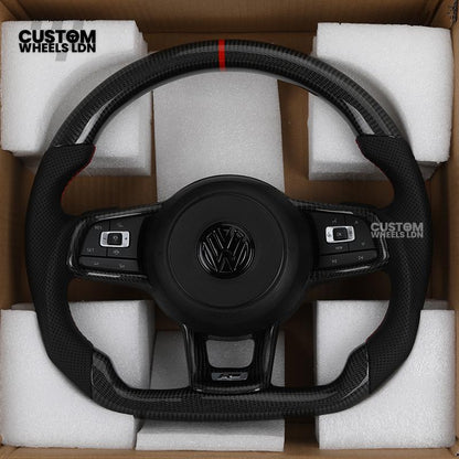 Volkswagen MK7 Custom Steering Wheel – Carbon Fibre with Red Centre Stripe, Perforated Leather Grips | Fits Golf GTI, R, Scirocco + more | Plug & Play