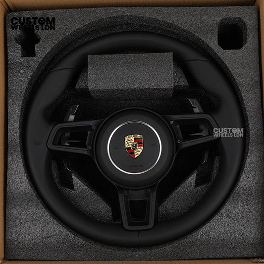 Porsche Custom Steering Wheel – All Black Smooth Leather with Black Trim | Fits 997, 991, Panamera, Cayenne, Cayman (2000+ Plug & Play)