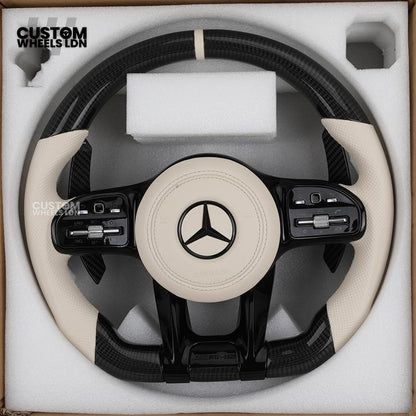 Mercedes Custom Steering Wheel | Piano Black & Carbon Fibre with Cream Leather & Beige Stripe | AMG Style | Complete Retrofit | Fits W205 W204 W212 W213 W218 + more
