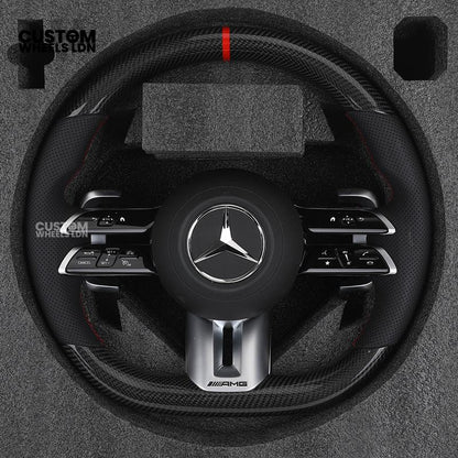 Mercedes Custom W223 AMG Flat Bottom Steering Wheel – Carbon Top & Bottom, Red Center Stripe, Perforated Grips, Silver Paddles, Touch Control Buttons | Fits C63, E63, S63, GLE, GLS, W223 + more | Plug & Play | With Airbag | Retrofit Upgrade for Older Mode