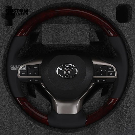 Toyota Custom Steering Wheel – Dark Cherry Wood Trim, Smooth Leather, OEM Controls | Fits Land Cruiser, Alphard, Camry + more | Plug & Play | Ideal Retrofit for a Luxury Finish