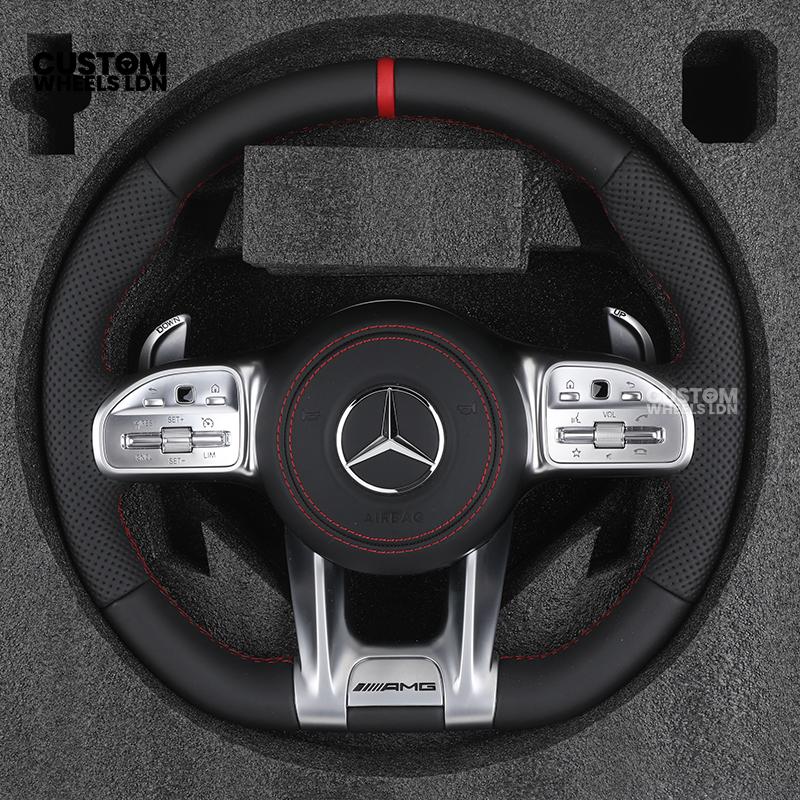 Mercedes Custom AMG Flat Bottom Steering Wheel – Black Leather, Red Stitching, Red Stripe, Silver Trim, Touch Buttons, Silver Paddles, AMG Badge | Fits C-Class, E-Class, CLS, GLC, GLE, G-Class + more | Plug & Play | Retrofit Upgrade for Older Models