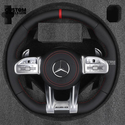 Mercedes Custom AMG Flat Bottom Steering Wheel – Black Leather, Red Stitching, Red Stripe, Silver Trim, Touch Buttons, Silver Paddles, AMG Badge | Fits C-Class, E-Class, CLS, GLC, GLE, G-Class + more | Plug & Play | Retrofit Upgrade for Older Models