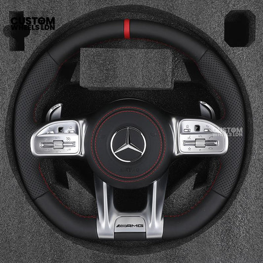 Mercedes Custom AMG Flat Bottom Steering Wheel – Black Leather, Red Stitching, Red Stripe, Silver Trim, Touch Buttons, Silver Paddles, AMG Badge | Fits C-Class, E-Class, CLS, GLC, GLE, G-Class + more | Plug & Play | Retrofit Upgrade for Older Models