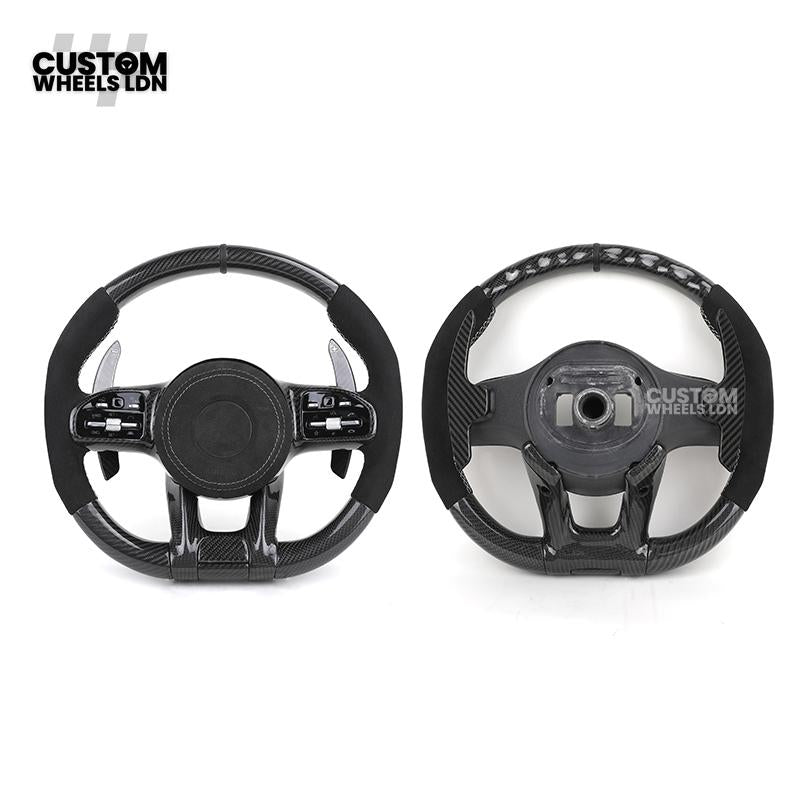 Mercedes Custom AMG Steering Wheel Flat Bottom Alcantara + Carbon Fiber | Red Stitching & Marker | Complete Retrofit | Fits G-Class, C-Class, E-Class, CLA, GLC, GLS, W205, W213 + more