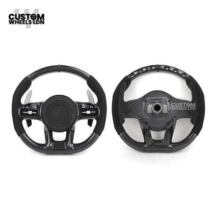 Mercedes Custom AMG Steering Wheel Flat Bottom Alcantara + Carbon Fiber | Red Stitching & Marker | Complete Retrofit | Fits G-Class, C-Class, E-Class, CLA, GLC, GLS, W205, W213 + more