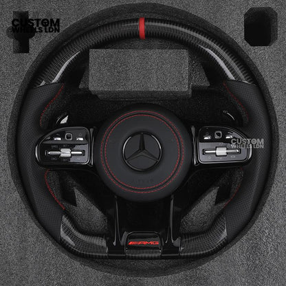 Mercedes Custom Steering Wheel | AMG Style Carbon with Red Stitching & Stripe | Black Trim + Red AMG Badge | Complete Retrofit for Older Models | Fits W205 W204 W212 W213 W218 W207 + more