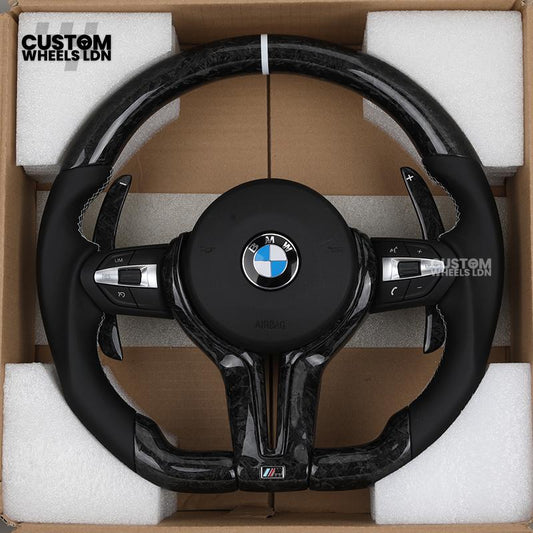 BMW Custom Forged Carbon Steering Wheel with Perforated Leather & White Racing Stripe | Plug & Play | Complete Wheel | Fits F20 F21 F22 F23 F30 F31 F32 F33 F36 F80 F87 E82 E88 E90 E92 E93 + More