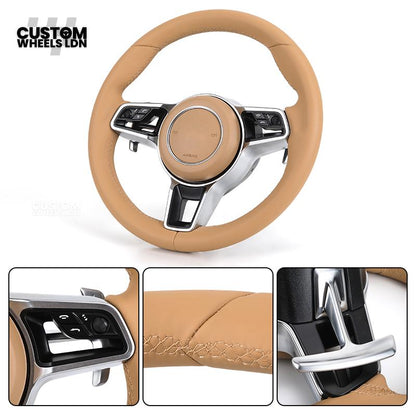 Porsche Custom Steering Wheel – Beige Leather with Chrome Trim | Fits 997, 991, Panamera, Cayenne, Cayman (2000+ Plug & Play)